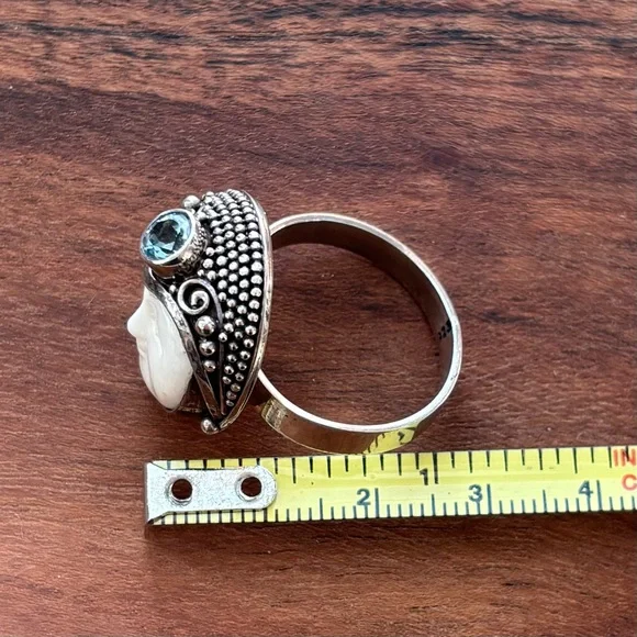 Sterling Silver and Carved White Bone Moon Face Ring Adjustable - Picture 8 of 8